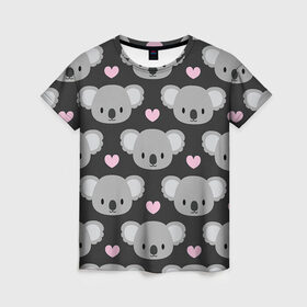 Женская футболка 3D с принтом Мордочки коал в Новосибирске, 100% полиэфир ( синтетическое хлопкоподобное полотно) | прямой крой, круглый вырез горловины, длина до линии бедер | арт | коал | коала | коалы | любовь | медведь | медвежонок | мордочка | мордочки | рисунок | сердечки | сердце | серый | тёмный | чёрный