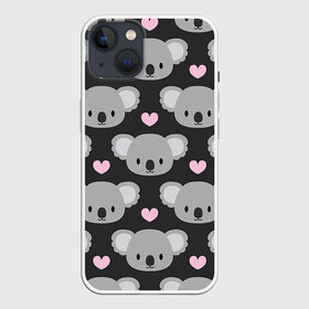 Чехол для iPhone 13 с принтом Мордочки коал в Новосибирске,  |  | Тематика изображения на принте: арт | коал | коала | коалы | любовь | медведь | медвежонок | мордочка | мордочки | рисунок | сердечки | сердце | серый | тёмный | чёрный