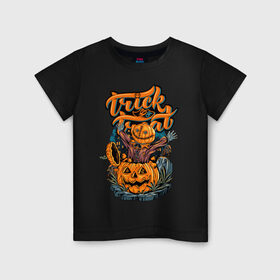 Детская футболка хлопок с принтом Trick or treat. Хэллоуин в Новосибирске, 100% хлопок | круглый вырез горловины, полуприлегающий силуэт, длина до линии бедер | Тематика изображения на принте: halloween | helloween | trick or treat | монстры | приколы | тыква | ужасы | хеллоуин | хэллоуин