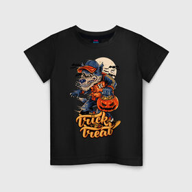Детская футболка хлопок с принтом Trick or treat. Хэллоуин в Новосибирске, 100% хлопок | круглый вырез горловины, полуприлегающий силуэт, длина до линии бедер | Тематика изображения на принте: halloween | helloween | trick or treat | монстры | приколы | тыква | ужасы | хеллоуин | хэллоуин