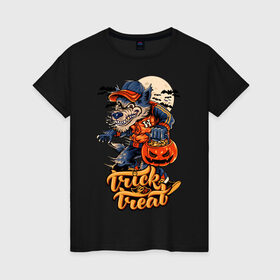 Женская футболка хлопок с принтом Trick or treat. Хэллоуин в Новосибирске, 100% хлопок | прямой крой, круглый вырез горловины, длина до линии бедер, слегка спущенное плечо | halloween | helloween | trick or treat | монстры | приколы | тыква | ужасы | хеллоуин | хэллоуин
