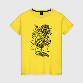 Женская футболка хлопок с принтом цветы абстракция графика в Новосибирске, 100% хлопок | прямой крой, круглый вырез горловины, длина до линии бедер, слегка спущенное плечо | абстракция | графика | подсолнух | розы | цветы