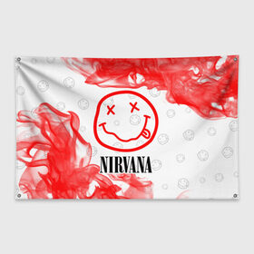 Флаг-баннер с принтом NIRVANA / НИРВАНА в Новосибирске, 100% полиэстер | размер 67 х 109 см, плотность ткани — 95 г/м2; по краям флага есть четыре люверса для крепления | band | cobain | face | kurt | logo | music | nirvana | rock | rocknroll | группа | кобейн | курт | лого | логотип | музыка | музыкальная | нирвана | рожица | рок | рокнролл | символ
