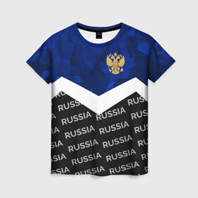 Женская футболка 3D с принтом RUSSIA | BLUE DIAMOND в Новосибирске, 100% полиэфир ( синтетическое хлопкоподобное полотно) | прямой крой, круглый вырез горловины, длина до линии бедер | russia | sport | герб | империя | имперский | патриот | патриотизм | российская | россия | русский | спорт | страны | флаг | я русский