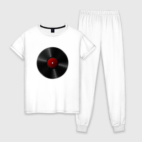 Женская пижама хлопок с принтом Винил в Новосибирске, 100% хлопок | брюки и футболка прямого кроя, без карманов, на брюках мягкая резинка на поясе и по низу штанин | black | disc | record | retro | vinyl | винил | диск | пластинка | ретро | чёрная