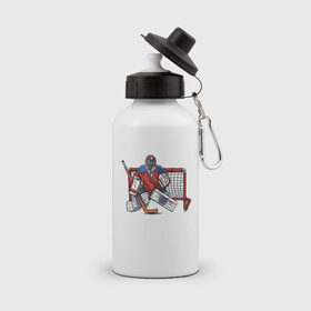 Бутылка спортивная с принтом Хоккейный вратарь в Новосибирске, металл | емкость — 500 мл, в комплекте две пластиковые крышки и карабин для крепления | Тематика изображения на принте: 