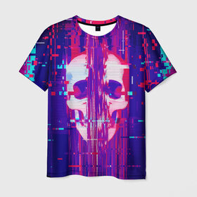 Мужская футболка 3D с принтом Skull glitch в Новосибирске, 100% полиэфир | прямой крой, круглый вырез горловины, длина до линии бедер | Тематика изображения на принте: color | fashion | glitch | jaw | skull | vanguard | авангард | глитч | мода | пасть | цвет | череп