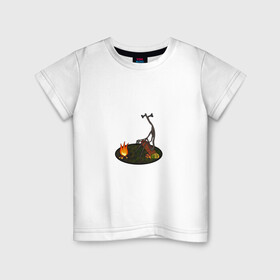 Детская футболка хлопок с принтом Siren head у костра в Новосибирске, 100% хлопок | круглый вырез горловины, полуприлегающий силуэт, длина до линии бедер | siren head | sirenhead | герой | костер | лес | монстр | огонь | персонаж | сирена | сиреноголовый | хоррор | чудовище