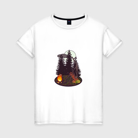 Женская футболка хлопок с принтом Siren head у костра в Новосибирске, 100% хлопок | прямой крой, круглый вырез горловины, длина до линии бедер, слегка спущенное плечо | siren head | sirenhead | герой | костер | лес | монстр | огонь | персонаж | сирена | сиреноголовый | хоррор | чудовище