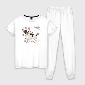 Женская пижама хлопок с принтом Французский бульдог funny pet в Новосибирске, 100% хлопок | брюки и футболка прямого кроя, без карманов, на брюках мягкая резинка на поясе и по низу штанин | Тематика изображения на принте: bulldog | dog | french bulldog | funny | honey | pet | бульдог | бульдожка | девушкам | забавный | инструкция | кутенок | милый | пес | песик | питомцы | прикольный | пушистый | сердечко | смешной | собака