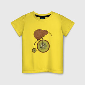Детская футболка хлопок с принтом Киви на велосипеде в Новосибирске, 100% хлопок | круглый вырез горловины, полуприлегающий силуэт, длина до линии бедер | bike | bird | birds | circus | cute | fruit | funny | kiwi | байк | берд | большое колесо | в разрезе | клюв | милая | милота | не достает до педалей | пополам | прикол | природа | птичка | с большим колесом | смешная | фрукт | 