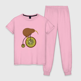 Женская пижама хлопок с принтом Киви на велосипеде в Новосибирске, 100% хлопок | брюки и футболка прямого кроя, без карманов, на брюках мягкая резинка на поясе и по низу штанин | bike | bird | birds | circus | cute | fruit | funny | kiwi | байк | берд | большое колесо | в разрезе | клюв | милая | милота | не достает до педалей | пополам | прикол | природа | птичка | с большим колесом | смешная | фрукт | 