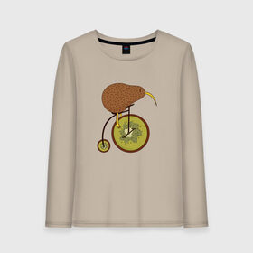 Женский лонгслив хлопок с принтом Киви на велосипеде в Новосибирске, 100% хлопок |  | bike | bird | birds | circus | cute | fruit | funny | kiwi | байк | берд | большое колесо | в разрезе | клюв | милая | милота | не достает до педалей | пополам | прикол | природа | птичка | с большим колесом | смешная | фрукт | 