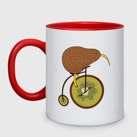 Кружка двухцветная с принтом Киви на велосипеде в Новосибирске, керамика | объем — 330 мл, диаметр — 80 мм. Цветная ручка и кайма сверху, в некоторых цветах — вся внутренняя часть | Тематика изображения на принте: bike | bird | birds | circus | cute | fruit | funny | kiwi | байк | берд | большое колесо | в разрезе | клюв | милая | милота | не достает до педалей | пополам | прикол | природа | птичка | с большим колесом | смешная | фрукт | 
