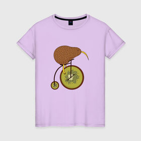 Женская футболка хлопок с принтом Киви на велосипеде в Новосибирске, 100% хлопок | прямой крой, круглый вырез горловины, длина до линии бедер, слегка спущенное плечо | bike | bird | birds | circus | cute | fruit | funny | kiwi | байк | берд | большое колесо | в разрезе | клюв | милая | милота | не достает до педалей | пополам | прикол | природа | птичка | с большим колесом | смешная | фрукт | 