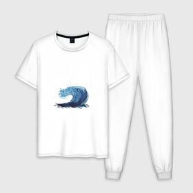 Мужская пижама хлопок с принтом Морская волна в Новосибирске, 100% хлопок | брюки и футболка прямого кроя, без карманов, на брюках мягкая резинка на поясе и по низу штанин
 | брызги | вода | волна | море | океан | синий | шторм