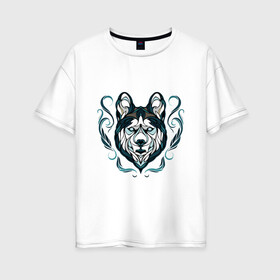 Женская футболка хлопок Oversize с принтом Хаски в Новосибирске, 100% хлопок | свободный крой, круглый ворот, спущенный рукав, длина до линии бедер
 | волк | друг человека | зима | лайка | маламут | пес | питомец | север | сибирь | снег | собака | собачка | хаски | хатико | щенок