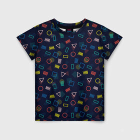 Детская футболка 3D с принтом ГЕОМЕТРИЧЕСКИЕ ФИГУРЫ в Новосибирске, 100% гипоаллергенный полиэфир | прямой крой, круглый вырез горловины, длина до линии бедер, чуть спущенное плечо, ткань немного тянется | геометрия | квадрат | круг | прямоугольник | разноцветный | текстуры | треугольник | узор | фигуры
