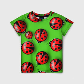 Детская футболка 3D с принтом Божьи коровки в Новосибирске, 100% гипоаллергенный полиэфир | прямой крой, круглый вырез горловины, длина до линии бедер, чуть спущенное плечо, ткань немного тянется | Тематика изображения на принте: божья коровка | брошки | гиганты | зеленая | зелень | картина | корова | красная | летняя тематика | насекомые | позитив | фауна | флора | юмор