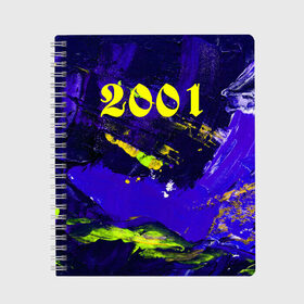 Тетрадь с принтом 2001 в Новосибирске, 100% бумага | 48 листов, плотность листов — 60 г/м2, плотность картонной обложки — 250 г/м2. Листы скреплены сбоку удобной пружинной спиралью. Уголки страниц и обложки скругленные. Цвет линий — светло-серый
 | 2001 | bright | canvas | dark | number 2001 | numbers | paint | print of numbers | stains | краска | принт цифр | пятна | разводы | темный | холст | цифры | число 2001 | яркие