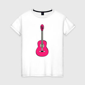 Женская футболка хлопок с принтом Розовая гитара в Новосибирске, 100% хлопок | прямой крой, круглый вырез горловины, длина до линии бедер, слегка спущенное плечо | girl | guitar | music | pink | pop | rock | артист | гитара | гитарист | гламур | девочкам | девушке | инструмент | клавиши | мелодия | музыка | музыкальные инструменты | музыкант | ноты | песни | подарок | поп | попса