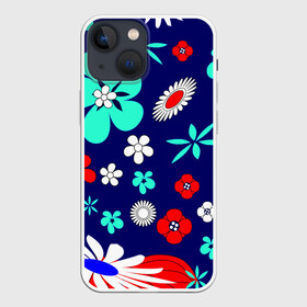 Чехол для iPhone 13 mini с принтом Lorri в Новосибирске,  |  | blue | flowers | leaves | patterns | summer | texture | летний | листки | синий | текстура | узоры | цветы