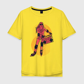 Мужская футболка хлопок Oversize с принтом Roller Girl в Новосибирске, 100% хлопок | свободный крой, круглый ворот, “спинка” длиннее передней части | 80s | 80е | 90s | 90е | fashion | miami | phone | retro | rollergirl | rollers | skate | style | vintage | винтаж | восьмидесятые | девочка | девушка | женщина | кассета | кассетный | магнитофон | мода | ретро | ролики | роллер | 