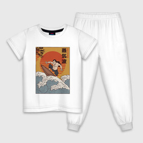 Детская пижама хлопок с принтом Samurai Surfing в Новосибирске, 100% хлопок |  брюки и футболка прямого кроя, без карманов, на брюках мягкая резинка на поясе и по низу штанин
 | art | big | great | hokusai | illustration | japan | japanese | kanagawa | retrowave | sumo | surf | tsunami | vaportave | wave | yamato | гравюра | иллюстрация | искусство | самурай | серфинг | сумо | укиё э | цунами | ямато э | япония | японс