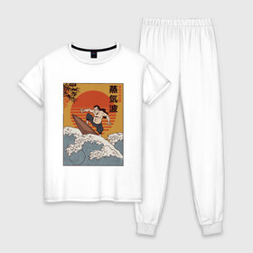 Женская пижама хлопок с принтом Samurai Surfing в Новосибирске, 100% хлопок | брюки и футболка прямого кроя, без карманов, на брюках мягкая резинка на поясе и по низу штанин | art | big | great | hokusai | illustration | japan | japanese | kanagawa | retrowave | sumo | surf | tsunami | vaportave | wave | yamato | гравюра | иллюстрация | искусство | самурай | серфинг | сумо | укиё э | цунами | ямато э | япония | японс