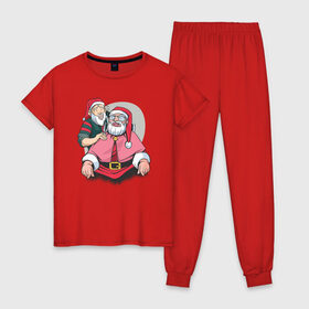 Женская пижама хлопок с принтом Санта в барбершопе в Новосибирске, 100% хлопок | брюки и футболка прямого кроя, без карманов, на брюках мягкая резинка на поясе и по низу штанин | 