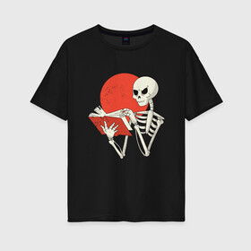 Женская футболка хлопок Oversize с принтом Читающий скелет в Новосибирске, 100% хлопок | свободный крой, круглый ворот, спущенный рукав, длина до линии бедер
 | book | dark | death | demon | grim | halloween | horror | reaper | side | skeleton | soul | souls | демон | душ | душа | жнец | книга | мертвых | мистика | мрачный | некрономикон | скелеты | собиратель | темный | ужасы | хоррор | хэлло