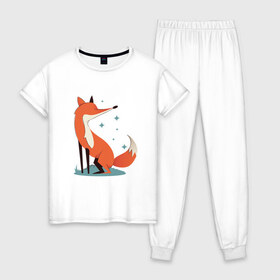 Женская пижама хлопок с принтом Блестящая лисичка в Новосибирске, 100% хлопок | брюки и футболка прямого кроя, без карманов, на брюках мягкая резинка на поясе и по низу штанин | art | fox | foxy | paw | paws | red | sparkly | sparks | арт | блики | животное | животные | звездочки | звезды | зверь | иллюстрация | лапки | лес | лесная | лиса | мех | нос | носик | оранжевая | пушистая | рисунок | ушки |