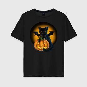 Женская футболка хлопок Oversize с принтом Черный котик с тыквой Хэллоуин в Новосибирске, 100% хлопок | свободный крой, круглый ворот, спущенный рукав, длина до линии бедер
 | кот | котик | крылья | летучая | луна | мышь | тыква | хеллоуин | хэллоуин | черный