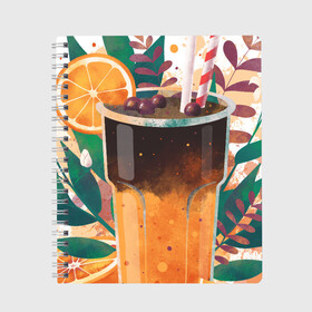 Тетрадь с принтом бодрящий коктейль в Новосибирске, 100% бумага | 48 листов, плотность листов — 60 г/м2, плотность картонной обложки — 250 г/м2. Листы скреплены сбоку удобной пружинной спиралью. Уголки страниц и обложки скругленные. Цвет линий — светло-серый
 | Тематика изображения на принте: апельсин | бодрость | витамины | коктейль | кофе | лето | напиток | яркий