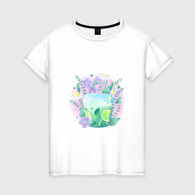 Женская футболка хлопок с принтом летний напиток в Новосибирске, 100% хлопок | прямой крой, круглый вырез горловины, длина до линии бедер, слегка спущенное плечо | еда | жара | коктейль | лайм | лед | лето | напиток | свежесть | фрукты | цветы