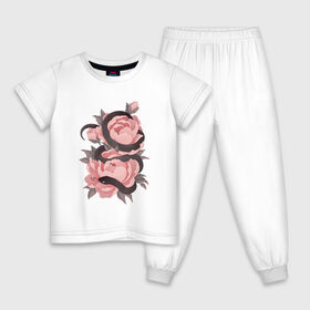 Детская пижама хлопок с принтом Змеиные розы в Новосибирске, 100% хлопок |  брюки и футболка прямого кроя, без карманов, на брюках мягкая резинка на поясе и по низу штанин
 | Тематика изображения на принте: арт | змеиная роза | змея | змея и роза | рисунок | роза | розовая роза | розовые розы | розовый | розы | тёмный | уж | ужик | цветок | цветы | чёрный