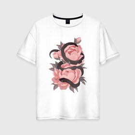 Женская футболка хлопок Oversize с принтом Змеиные розы в Новосибирске, 100% хлопок | свободный крой, круглый ворот, спущенный рукав, длина до линии бедер
 | Тематика изображения на принте: арт | змеиная роза | змея | змея и роза | рисунок | роза | розовая роза | розовые розы | розовый | розы | тёмный | уж | ужик | цветок | цветы | чёрный
