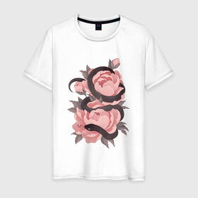 Мужская футболка хлопок с принтом Змеиные розы в Новосибирске, 100% хлопок | прямой крой, круглый вырез горловины, длина до линии бедер, слегка спущенное плечо. | Тематика изображения на принте: арт | змеиная роза | змея | змея и роза | рисунок | роза | розовая роза | розовые розы | розовый | розы | тёмный | уж | ужик | цветок | цветы | чёрный
