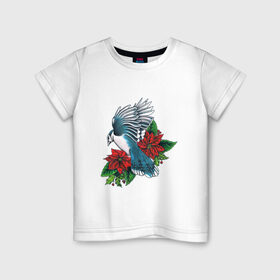 Детская футболка хлопок с принтом Птица с цветами в Новосибирске, 100% хлопок | круглый вырез горловины, полуприлегающий силуэт, длина до линии бедер | арт | бардовые цветы | бардовый цветок | букет цветов | воробей | красные цветы | красный цветок | крылья | лист | листок | листья | перо | перья | птица | рисунок | синий воробей | синяя птица | цветок