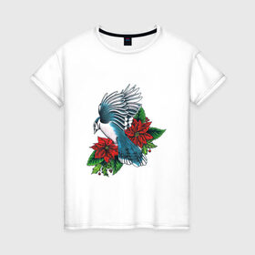Женская футболка хлопок с принтом Птица с цветами в Новосибирске, 100% хлопок | прямой крой, круглый вырез горловины, длина до линии бедер, слегка спущенное плечо | арт | бардовые цветы | бардовый цветок | букет цветов | воробей | красные цветы | красный цветок | крылья | лист | листок | листья | перо | перья | птица | рисунок | синий воробей | синяя птица | цветок