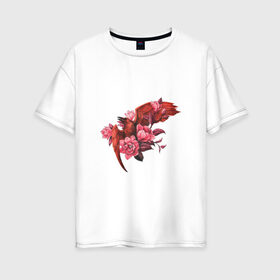 Женская футболка хлопок Oversize с принтом Красная птица с цветами в Новосибирске, 100% хлопок | свободный крой, круглый ворот, спущенный рукав, длина до линии бедер
 | арт | красная птица | красный | крылья | перья | полёт | полёт птицы | птица | рисунок | розовые цветы | розовый | розовый цветок | цветок | цветы