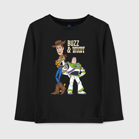 Детский лонгслив хлопок с принтом Buzz&Woody в Новосибирске, 100% хлопок | круглый вырез горловины, полуприлегающий силуэт, длина до линии бедер | buzz lightyear | disney | pixar | toy story | vdkimel | woody | базз лайтер | вуди | дисней | история игрушек | пиксар