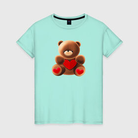 Женская футболка хлопок с принтом Медвежонок с сердечком в Новосибирске, 100% хлопок | прямой крой, круглый вырез горловины, длина до линии бедер, слегка спущенное плечо | Тематика изображения на принте: love is | teddy bear | valentines day | бабушка | валентинка | влюбленные | девушке | жена | лучшая | любимая | люблю | любовь | мама | медведь | медвежата | молодожены | подарок | романтика | свадебные | свадьба