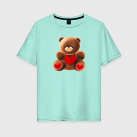 Женская футболка хлопок Oversize с принтом Медвежонок с сердечком в Новосибирске, 100% хлопок | свободный крой, круглый ворот, спущенный рукав, длина до линии бедер
 | love is | teddy bear | valentines day | бабушка | валентинка | влюбленные | девушке | жена | лучшая | любимая | люблю | любовь | мама | медведь | медвежата | молодожены | подарок | романтика | свадебные | свадьба