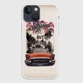 Чехол для iPhone 13 mini с принтом Adventure в Новосибирске,  |  | adventure | белый | винтаж | дизайн | для поездок | за границу | картинка | контраст | креатив | лето | машина | мм | надписи | настроение | новинки | оранжевый | пальмы | путешествие | ретро