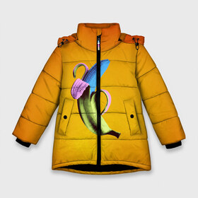 Зимняя куртка для девочек 3D с принтом Синий банан в Новосибирске, ткань верха — 100% полиэстер; подклад — 100% полиэстер, утеплитель — 100% полиэстер. | длина ниже бедра, удлиненная спинка, воротник стойка и отстегивающийся капюшон. Есть боковые карманы с листочкой на кнопках, утяжки по низу изделия и внутренний карман на молнии. 

Предусмотрены светоотражающий принт на спинке, радужный светоотражающий элемент на пуллере молнии и на резинке для утяжки. | Тематика изображения на принте: банан | без надписей | вкус | дизайн | еда | картинки | кожура | контраст | креатив | летняя | минимализм | необычный | прикол | рыжая | синий | сиреневая | теплая | фрукт | цветная | яркая