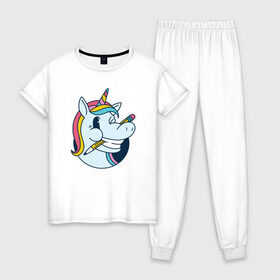 Женская пижама хлопок с принтом Единорог с карандашом в Новосибирске, 100% хлопок | брюки и футболка прямого кроя, без карманов, на брюках мягкая резинка на поясе и по низу штанин | back to | creepy | cringe | cute | funny | horn | pencil | rainbow | school | schoolboy | unicorn | unicorns | в школу | милый | обучение | пегас | пони | радуга | рог | смешной | снова в школу | ученик | учитель | цвета радуги | школа | школ