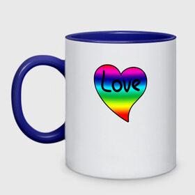 Кружка двухцветная с принтом Rainbow Love в Новосибирске, керамика | объем — 330 мл, диаметр — 80 мм. Цветная ручка и кайма сверху, в некоторых цветах — вся внутренняя часть | heart | love is | love you | valentines day | бабушка | валентинка | влюбленные | девушке | жена | лучшая | любимая | люблю | любовь | мама | молодожены | подарок | радуга | радужный | романтика | свадебные | свадьба