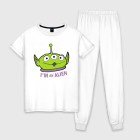 Женская пижама хлопок с принтом Im an alien в Новосибирске, 100% хлопок | брюки и футболка прямого кроя, без карманов, на брюках мягкая резинка на поясе и по низу штанин | aliens | disney | pixar | toy story | vdkimel | дисней | инопланетяне | история игрушек | пиксар