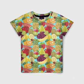 Детская футболка 3D с принтом Фрукты в Новосибирске, 100% гипоаллергенный полиэфир | прямой крой, круглый вырез горловины, длина до линии бедер, чуть спущенное плечо, ткань немного тянется | fruct pattern | pattern | ананас | апельсин | арбуз | банан | виноград | груша | киви | клубника | лимон | листья | малина | натюрморт | патерн | паттерн | рисунок | фрукт | фруктовый паттерн | фрукты | фрукты фон